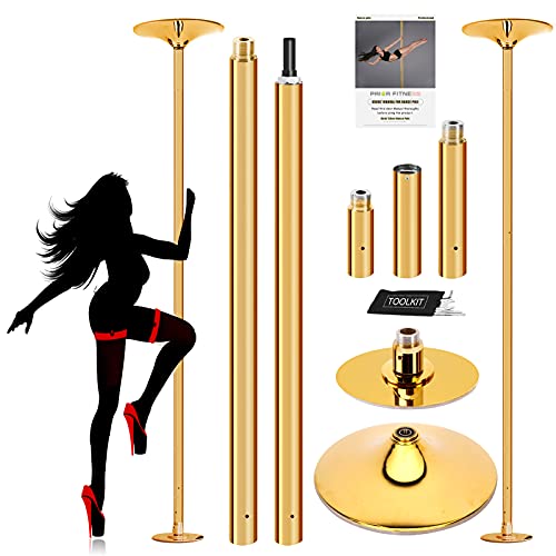 PRIOR FITNESS Pole Dance Tanzstange 45mm von 2,35 bis 2,74 m Höhenverstellbar,2 Modi: drehend/statisch,bis 200 kg belastbar,Verein, Club, Party (Gold) Cover