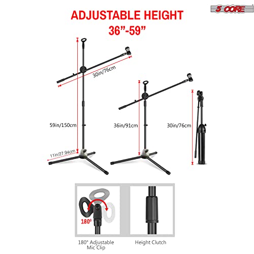 5 Core Microphone Stand, Adjustable Tripod Boom Arm Economical Lightweight Mic Stand, Quarter-Turn Clutch Foldable 360 Rotating Dual Mic Holder W/ 2 Clip Vocal Singing Speech Stage Outdoor Activities #TOP1
