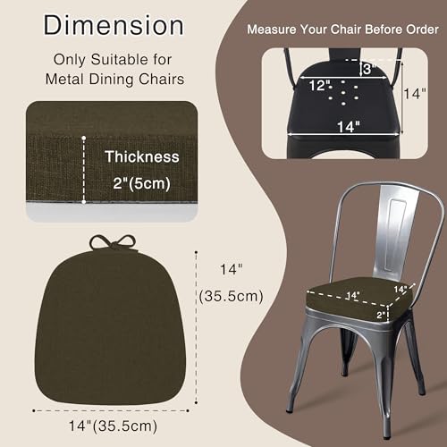 Image of OVOV 14x14 Chair Cushions for Metal Dining Chairs Set of 2 Khaki | Non Slip, Washable Removable Cover with Ties, Textured, for Dining Room, Kitchen Cafes Bistro Patio, Stackable Chairs