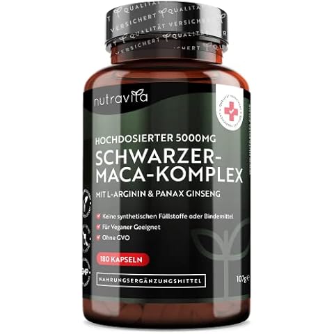 Maca Kapseln schwarz - Hochdosiert mit 5000mg - 180 vegane Kapseln - Zusätzlich mit Panax Gingseng und L-Arginin - Laborgetestet in Deutschland - Ohne Zusätze und GVO Frei - 6 Monatsvorrat Cover