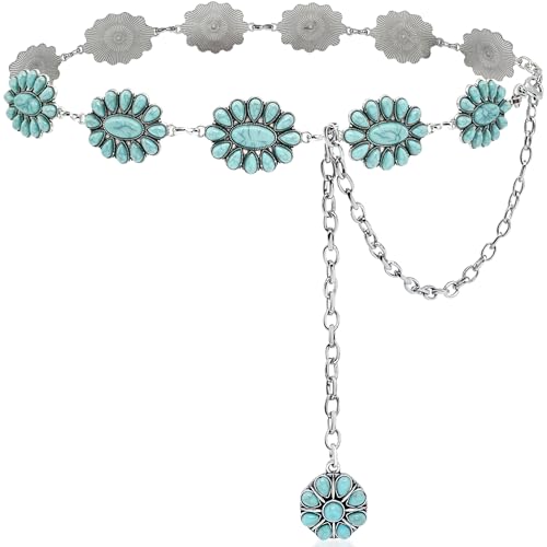 Image of Turquoise Belt Silver Western Chain Belt, Cowgirl Concho Style with Turquoises Embellishment for Women