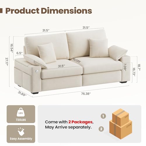 Image of 89 inch Modern Sofas for Living Room, Comfy Sofa with Deep Seat Couch, USB /Type-C Port, Side Storage, Removable Cover, Couches for Living Room, Apartment, Beige