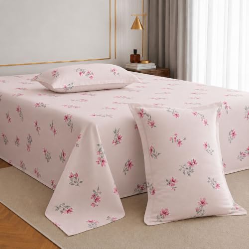 Image of Cotton King Size Bedsheet 108x108 Super King, 100% Pure Cotton Bed Sheet with 2 Pillow Covers, 240 TC Soft Breathable Floral Design Bedding - (Blush Bloom, Super King)