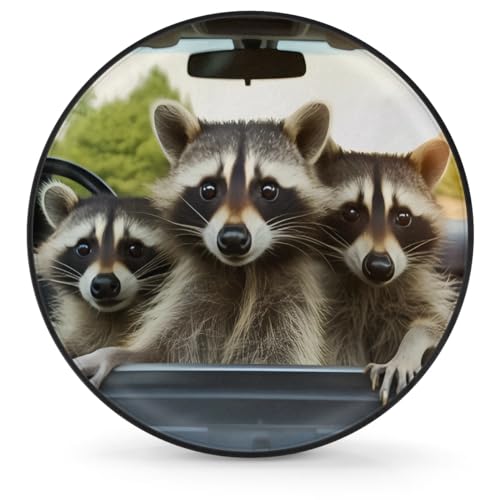 Image of Spare Tire Cover Raccoon Driving Car Wheel Covers Protectors Waterproof Dust-Proof Universal Fit Trailer, RV, SUV and Many Vehicle 15 Inch