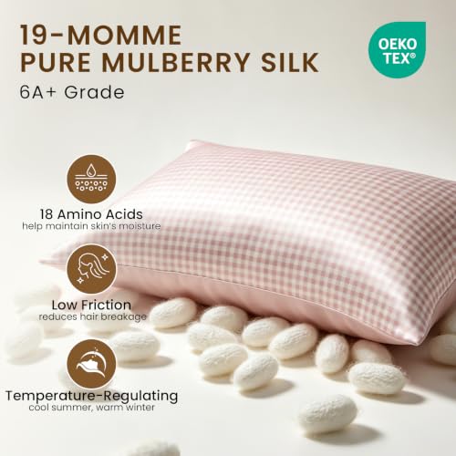 Image of THXSILK Set of 2 Mulberry Silk Pillowcase for Hair and Skin, Cooling Bed Pillow Cover with Hidden Zipper, Soft Smooth Print Silk Pillowcase Gifts for Women Men (King 20 inchx36 inch, Pink Plaid)