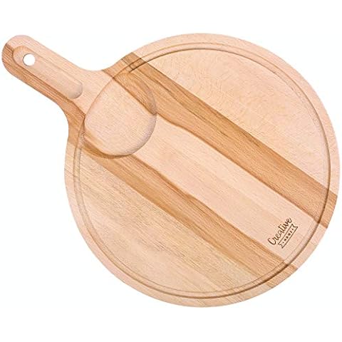 Creative Home Wooden Round Pizza Chopping Cutting Serving Board | 40 x 30 x 1,5 cm | Plate with Wood Handle | Reversible | Perfect for any Kitchen & Home as a Serving Platter for Snacks Cheese Bread Cover