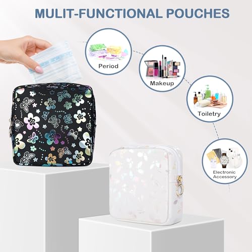 Image of Likesing Period Bag Pouch, Leather Sanitary Napkin Storage Bag for Womens, Portable Sanitary Napkin Period Pad Pouch Bag for Purse, Small Make Up Bags(Black Butterflies)