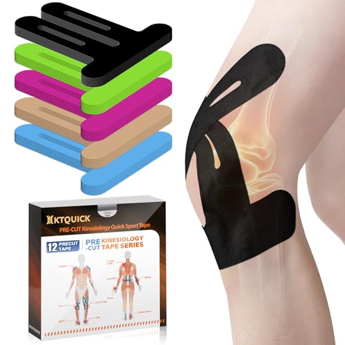 PreCut Kinesiology Tape for Knees, 12 PCS Waterproof KTQUICK Knee Tape for Knee Pain Relief Pre Cut, Original Cotton Athletic Knee Tape, Waterproof & Hypoallergenic Latex-Free for Sports (Black)