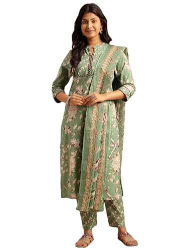 Image of Vbuyz Women's Cotton Printed A-Line Regular Fit Kurta Pant with Dupatta