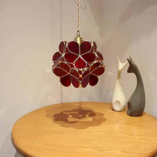 Bieye L10876 Petals Tiffany Style Stained Glass Ceiling Pendant Light with 8-inch Wide Lampshade (Deep Red, 8" Cherry Blossom)