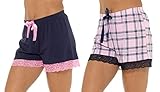 2er-Pack Lounge-Shorts, für Damen und Mädchen, luxuriöser Spitzenbesatz, Jersey, Baumwolle, kurze Pyjamahose, Pink/Marineblau, L