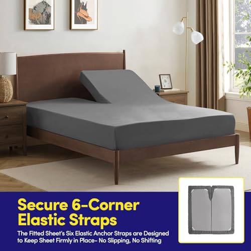 Image of Split Head King Sheets Set for Adjustable Beds 4 Piece Flex Top Bed Sheets - Deep Pocket Split Top Fitted Sheet with Built-in Corner Straps, Luxury Soft Cooling Bedding, Wrinkle Resistant, Gray