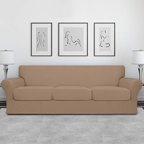 Image of Easy-Going 4 Pieces Oversized Stretch Couch Cover for Dogs Washable | Sectional Sofa Slipcover for 3 Separate Cushion Couch - Elastic Furniture Protector for Pets, Kids Camel