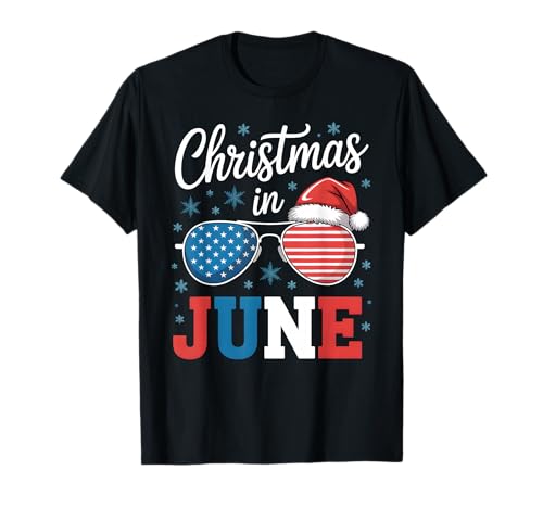 Christmas In June Sunglasses Santa Hat US Flag Vacation T-Shirt