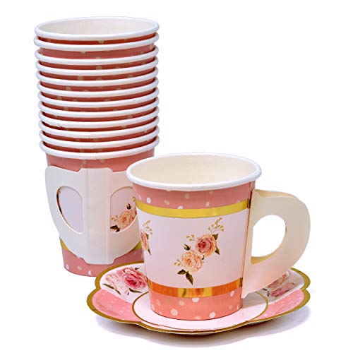 36 Disposable Tea Party Cups 5 Oz 3" 36 Saucers 5" Paper Floral Shaped Plate Teacup Set With Handle For Kids Girls Mom Coffee Mugs Wedding Birthday Baby Bridal Shower Gold Foil & Pink Table Supplies #TOP2