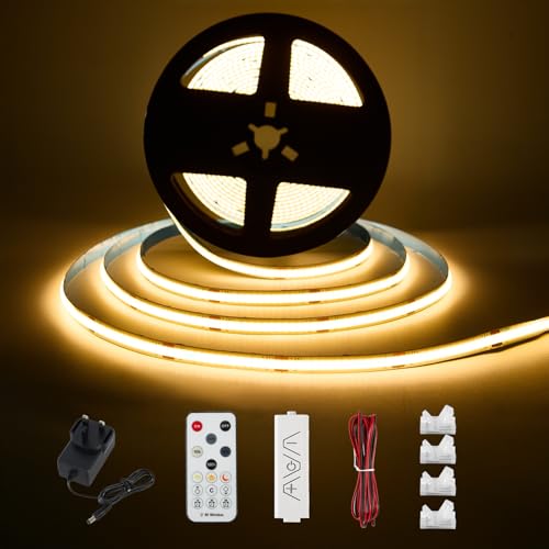 Enteenly COB LED Strip Warm White 3 Meters, Under Cabinet Light Strip Kit with RF Remote Control for Display Case, Kitchen, Desk, Shelf, Cupboard, with 24V Adapter, 2700K