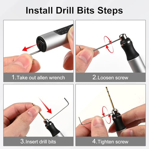 Comius Sharp 3-Gang Elektro Mini Bohrstift, Kabellos USB Wiederaufladbar DIY Handbohrer, mit 10 Spiralbohrer (0.6-2.2mm), Mini Bohrmaschine für Harz Schmuckherstellung Kunststoff Holz Leder