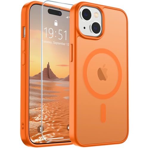 Image of SUPFINE Magnetic for iPhone 15 Case with Screen Protector (Compatible with MagSafe) (Military Grade Drop Protection) Translucent Matte Shockproof Phone Cover,Starry Orange