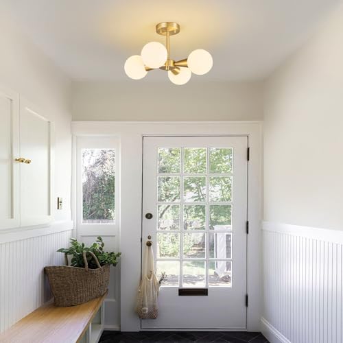 Image of Mid Century Modern Ceiling Light with Milk White Glass lampshade Gold Semi Flush Mount Ceiling Light Fixture Sputnik Chandelier for Bedroom Living Room Dining Room Foyer Hallway(4-Lights)