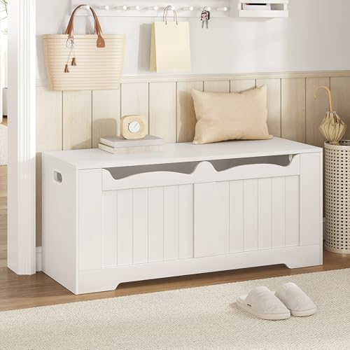 Image of Hzuaneri 43.3 inch Storage Chest, Extra Large Storage Trunk with 2 Safety Hinges, Lift-Top Bench Box, Wooden Chest Organizer, Shoe Bench for Entryway, Bedroom, Living Room, White SB25503X