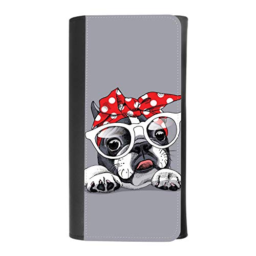 (French Bulldog In A Headband And With Glasses) women's Patterned Leather Buckle Trifold Wallet Bag Pouch Holster With Credit Card Holder insurance for smartphones