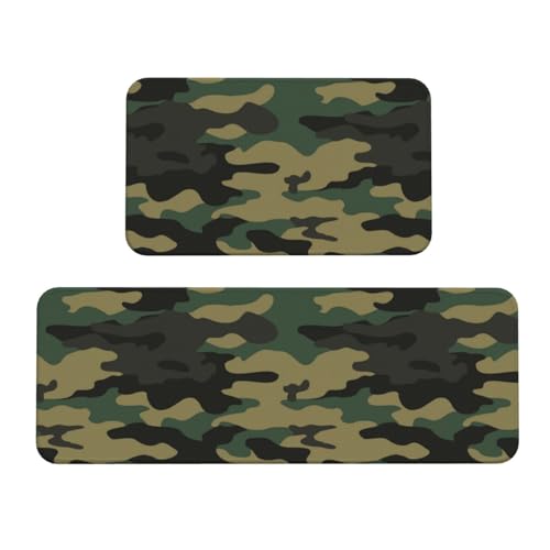 Antifatigue Kitchen Mats for Floor 2 Piece - Green Camo Classic Print Kitchen Rugs Washable, Non Slip Runner Rug Standing Mat for Office/Bathroom/Laundry/Home Decor and Accessories