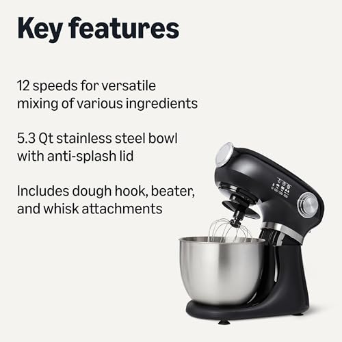 Amazon Basics Tilt-Head Stand Mixer with 5.3Qt Bowl, Dough Hook, Beater and Whisk, 12 Speeds, 350W, Black