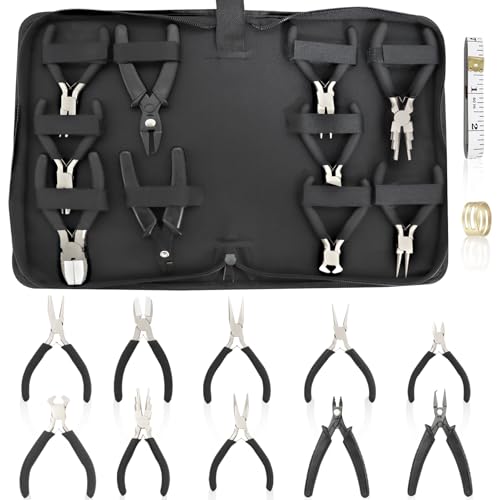 Fesorsi 10 Pack Jewelry Pliers Set, Mini Pliers Set, Jewelry Making Include Flat, Jewelry Tools, Needle, Round, Bending Linesman, Applicable to Handicrafts, Earring Making, Repairing