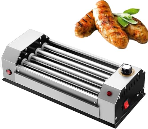 Macchina per Hot Dog, Macchina per Cuocere Salsicce in Acciaio Inox, Piano di Lavoro con 4 Rulli Antiaderenti, Grill per Salsicce con Rotazione A 360°, Controllo della Temperatura, per Cucina, Colazi