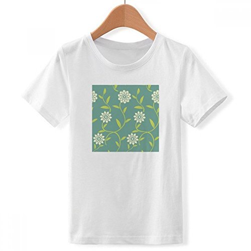 T-Shirt Blanc Vert Fleurs avec Motif Décoratif Ras du Cou