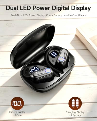 Acjohtin Wireless Earbuds, Bluetooth Headphones 6.1, 90H Playtime Ear Buds with Hooks for Sports, Dual LED Display Earphones IPX7 Waterproof for Gym/Runing/Workout — view 4