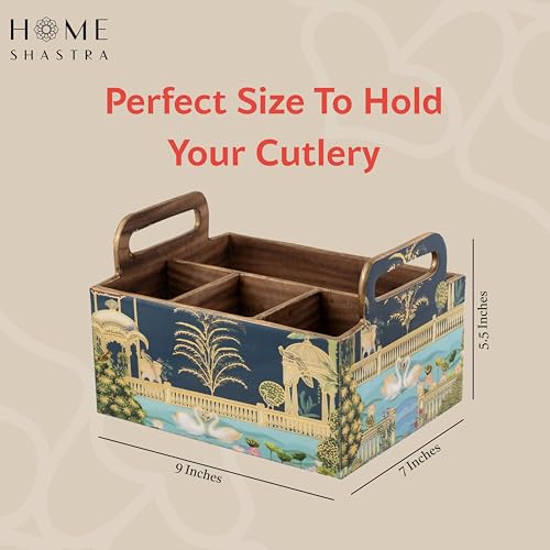 Image of Wooden Cutlery Holder with Gold Engraving | Pack of 1 | Size : 9 x 7 x 5.5 inch | Enamel Coated Waterproof | Cutlery Holder for Dining Table | (Swan)
