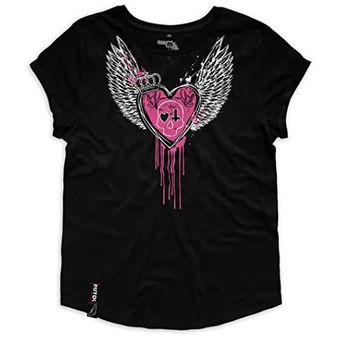 Pistol Boutique Women's Skull Crown Heart Wings Casual Rolled Sleeve Black Crew Neck Fashion T-Shirt Cover