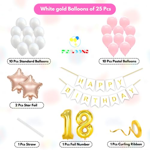 Image of Flyloons 18th Happy Birthday Decoration Kit Pink White for Boys Girls Kids Twins Men Women With 20 Pcs Pastel Balloons Birthday Banner 2 Pcs Star Items Set
