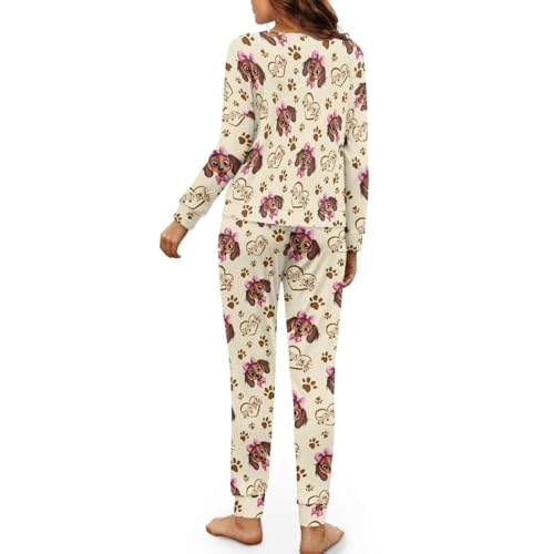 Image of Dachshund Paw Print Women's Pajama Sets Long Sleeve Sleepwear with Long Pants Crew Neck Nightwear with Pocket Loose Fits Loungewear, L