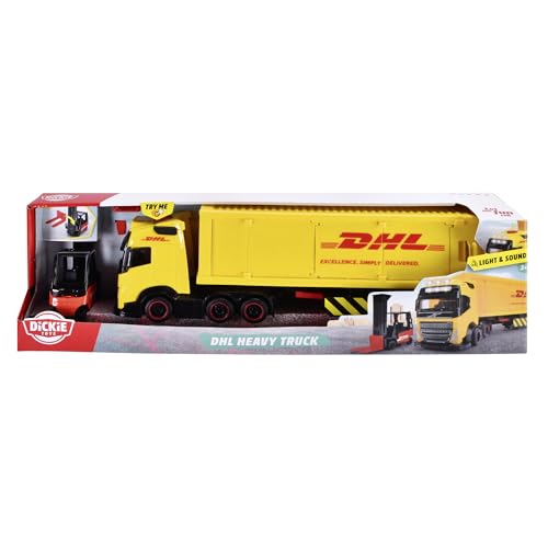 Dickie Toys Volvo DHL Truck FH16 (35 cm) - Spielzeug LKW mit Gabelstapler, Licht & Sound - Großes Kinder LKW Spielzeug ab 3 Jahre, Post-Transporter inkl. Batterien & Zubehör - 203747018