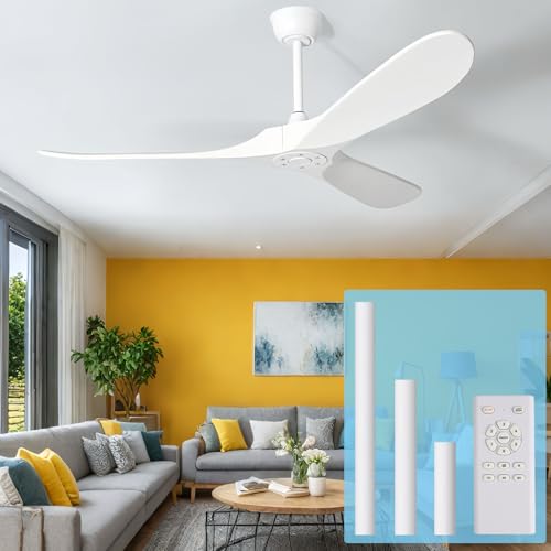 White Modern 60 Inch Outdoor Ceiling Fan with Remote, Wood 3 Blade High CFM Wet Rated Ceiling Fans for Patios Porch Gazebo -Propeller Ceiling Fan for Indoor Living Room Bedroom Kitchen