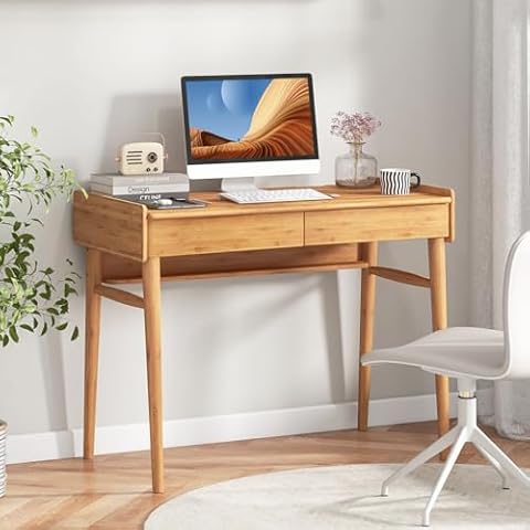 POWERSTONE 39.5" Writing Computer Desk, Modern Bamboo Home Office Desk with 2 Storage Drawers and One Shelf, Study Writing Table Workstation Cover