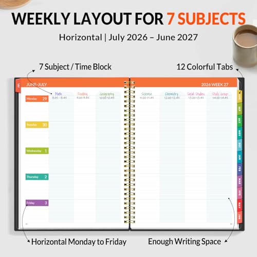 SUNEE Teacher Planner 2026-2027 Academic Year, Lite Lesson Planner Book with 7 Periods Jul 2026 - Jun 2027, 8.5"x11" Daily Weekly and Monthly Organizers, Plan Book with Pocket Folder, Color Tabs,Black - Image 2