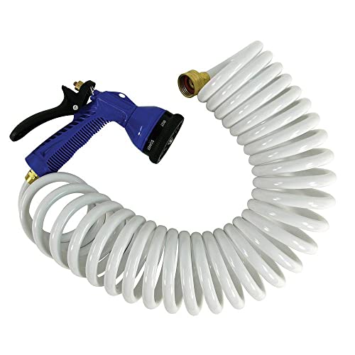 Whitecap P-0442, 50' White Coiled Hose w/Nozzle & 3/4" Male/Female Brass Fittings #1