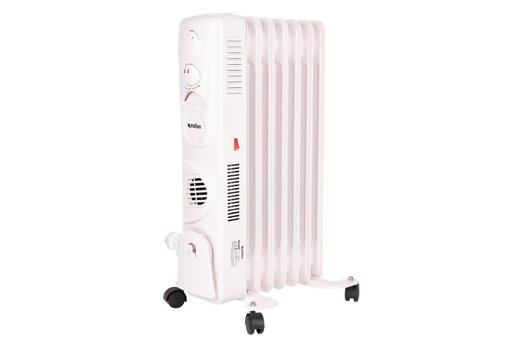 Cofan Radiador de aceite de 1500 W | 7 elementos | 3 niveles de potencia | Con termostato y ventilador | Protección antivuelco | 37 x 24 x 65 cm