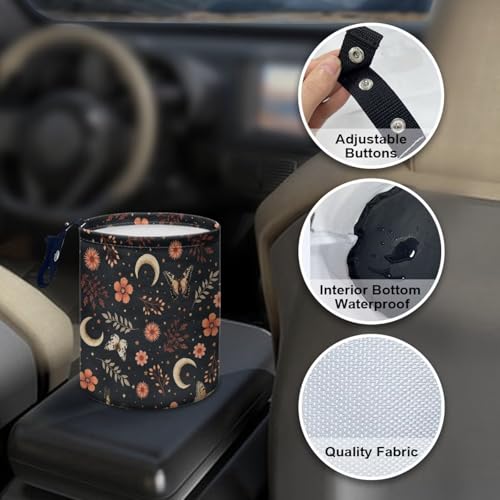 Image of Renewold Floral Butterflies Moon Car Trash Organizer Hanging Garbage Bag with Adjustable Button Straps Trash Bin for Car Automotive Interior Accessories Outdoor Indoor Multipurpose Storage Bag