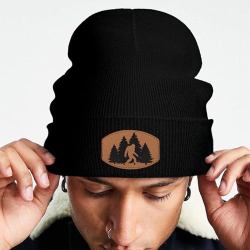Image of Big Foot Beanie Hat, Sasquatch Leather Patch Winter Knit Skull Cap Bigfoot Gifts for Adult Men Women
