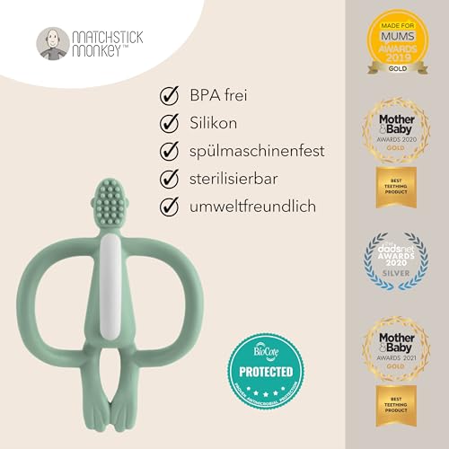 Matchstick Monkey - Beißring Affe Original - Baby Zahnungshilfe - weiche Noppen massieren wundes Zahnfleisch - Silikon BPA-frei - Greifling für Zahnen - ab 3 Monaten - mintgrün