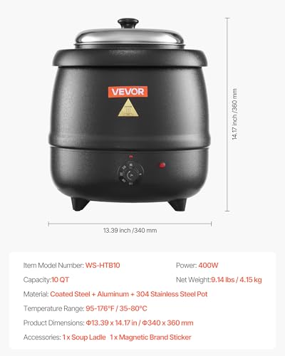 Image of VEVOR Electric Soup Warmer, 10QT Commercial Soup Kettle with 304 Stainless Steel Detachable Insert Pot, 95~176F Adjustable Temperature, Soup Station for Restaurant and Big Family, Black