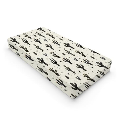 Image of Boho Cactus Changing Pad Covers Retro Black Golden Cactus Baby Changing Pad Sheets for Boy Girl Wild Cactus Western Plants Soft Breathable Stretch Fitted Diaper Changing Table Mat Cover 32''x16''
