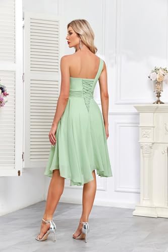Women's One Shoulder Short Bridesmaid Dresses A Line Chiffon Pleated Formal Party Dress with Pockets2