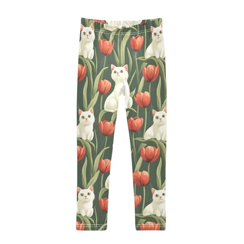 Girls Leggings White Cats Flower Soft Toddler Leggings for Girls Kids Pants Size 4T-10T
