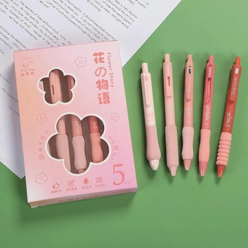 Image of Shuttle Art Aesthetic Floral Gel Pen Set of 5 | Black Ink 0.5mm Smooth Writing Pens | Cute Soft Grip Ball Pen for School College Office | Stationery Gift for Girls Students Teachers Journaling Notes