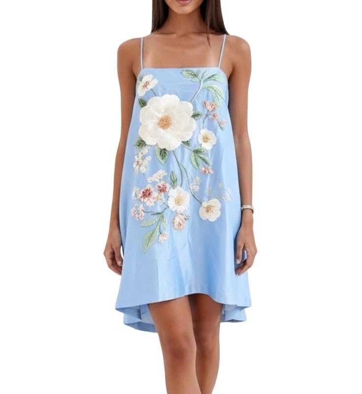 Image of Women Boho Floral Mini Cami Dress Spaghetti Strap Flowy Sling Dress Graphic Backless Summer Holiday Sundress
